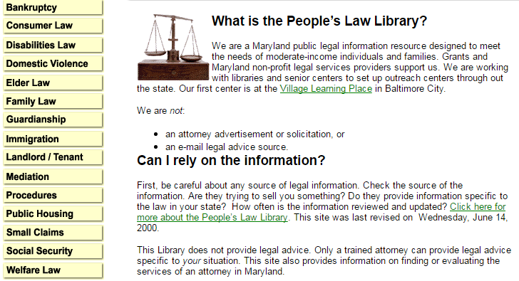 Extrait d'une capture d'écran de la première page du site People's Law, 14 juin 2000.